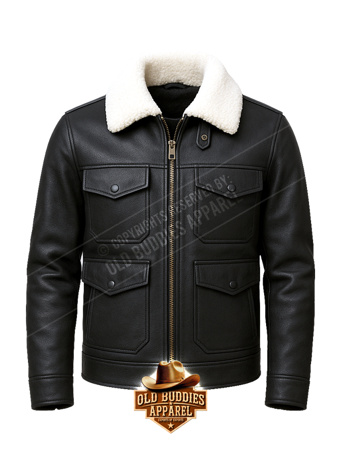 Black Aviator Leather Jacket for Men – Front View