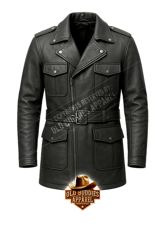 Black Biker Leather Coat for Men – Front View