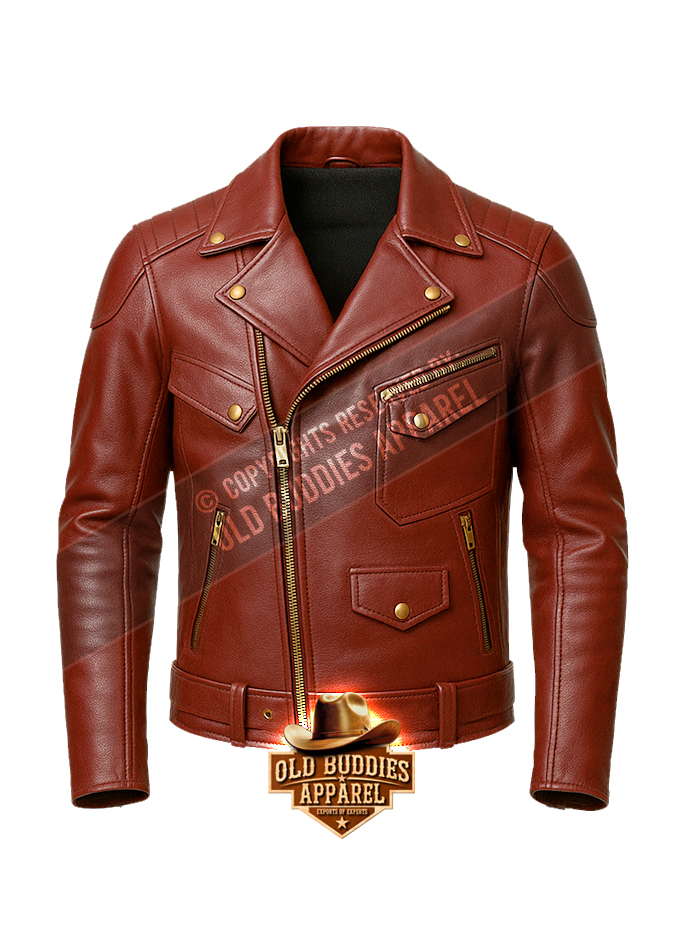 Biker Jacket for Men (Bur_F) Burgundy Biker Leather Jacket for Men – Front View
