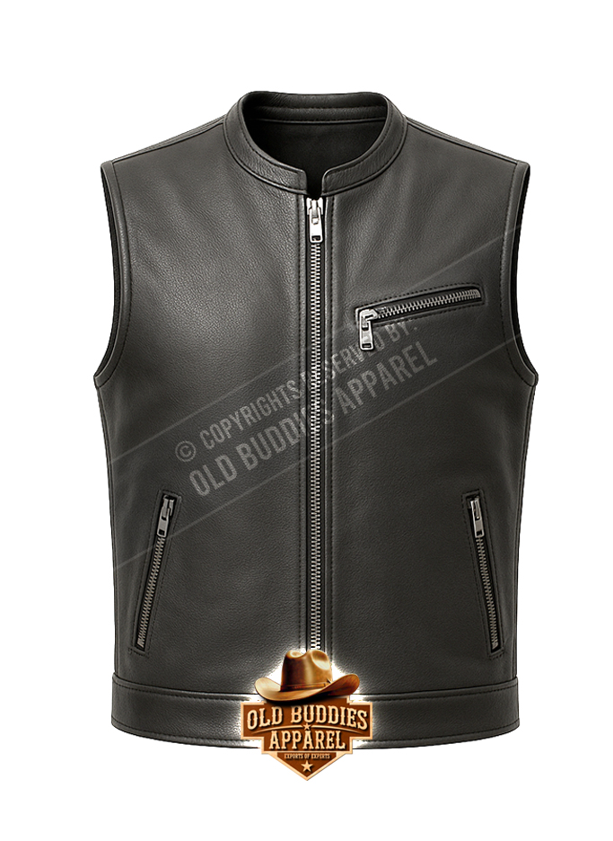 Black Biker Leather Vest for Men – Front View