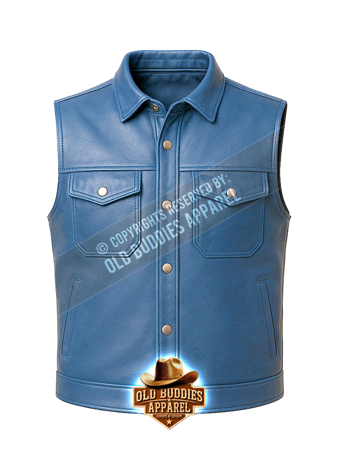 Navy Blue Classic Button Leather Vest for Men – Front View