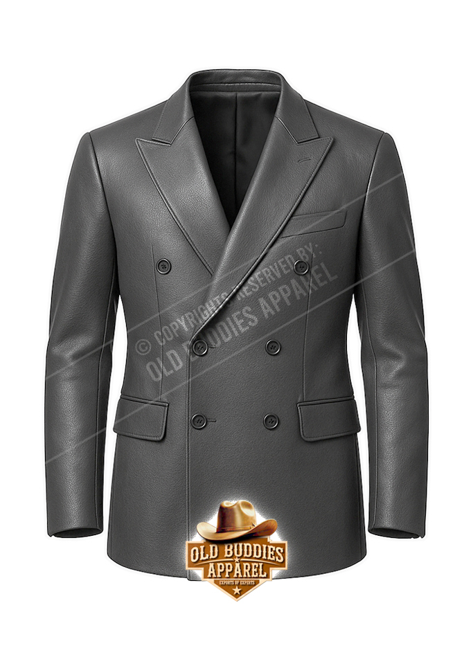Double-Breasted Blazer (CG_F) Charcoal Grey Double-Breasted Leather Blazer for Men – Front View