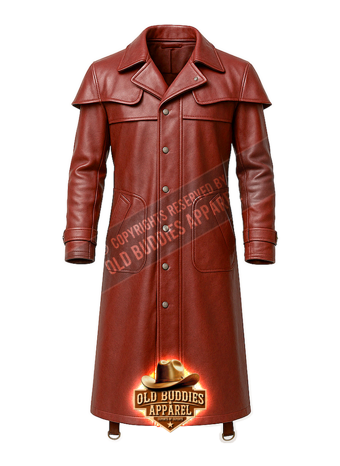 Duster Coat for Men (Bur_F) Burgundy Duster Leather Coat for Men – Front View
