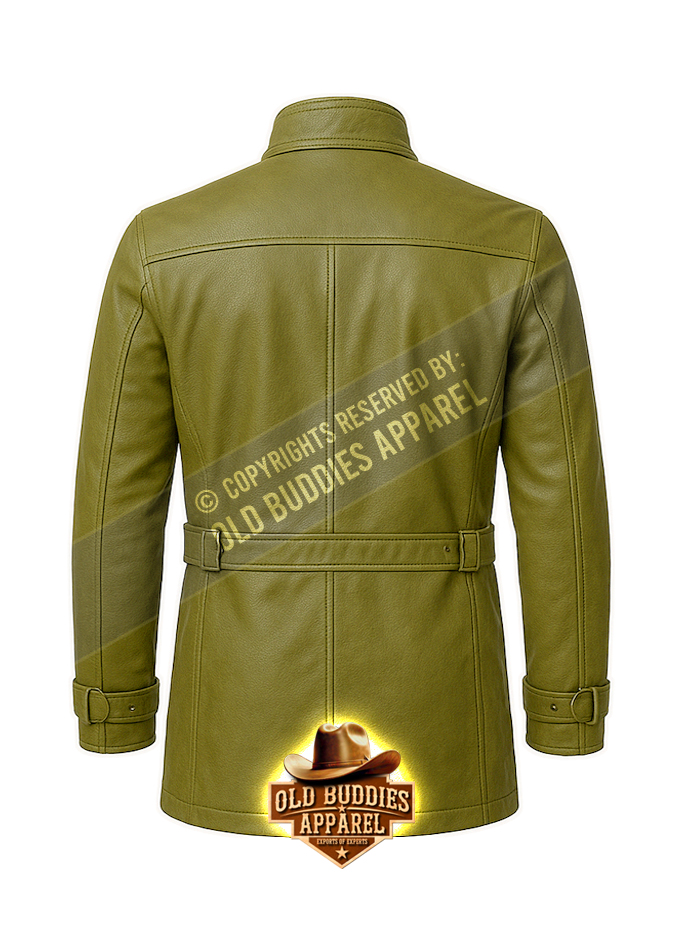 Olive Green Military-Style Leather Coat for Men – Back View