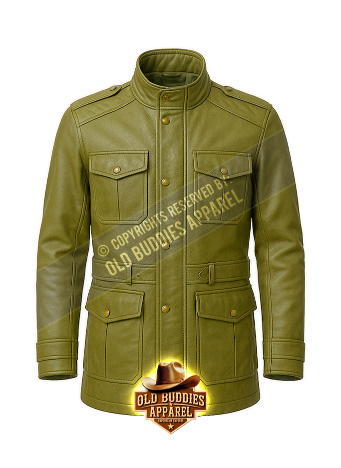 Olive Green Military-Style Leather Coat for Men – Front View