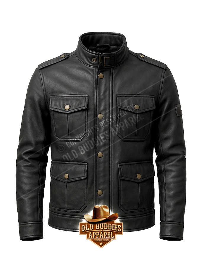 Military-Style Jacket for Men (CB_F) Black Military-Style Leather Jacket for Men – Front View