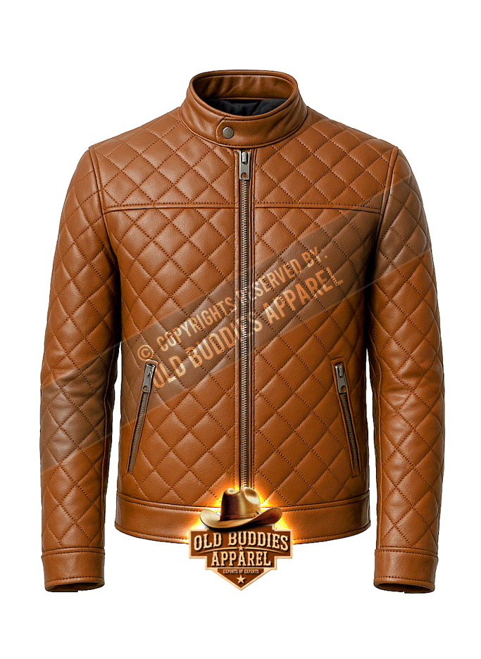 Brown Quilted Leather Jacket for Men – Front View