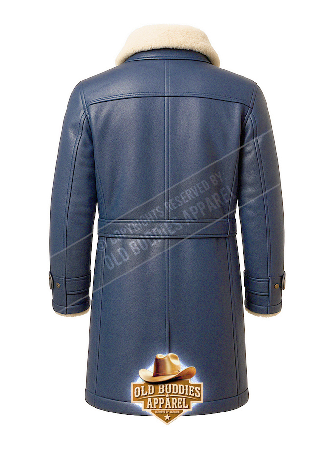 Navy Blue Shearling Leather Coat for Men – Back View