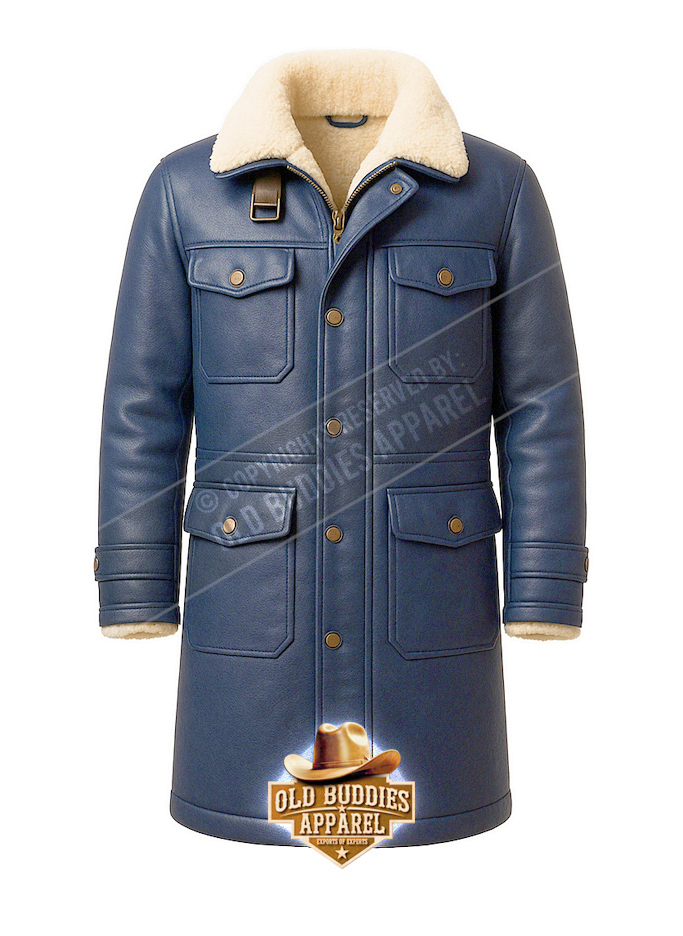 Navy Blue Leather Coat for Men – Front View