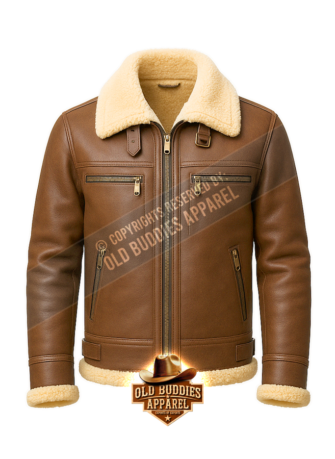 Brown Shearling Leather Jacket for Men – Front View
