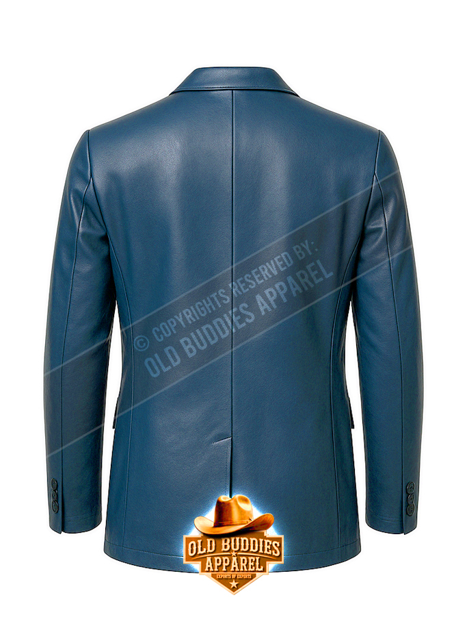 Navy Blue Single-Breasted Leather Blazer for Men – Back View