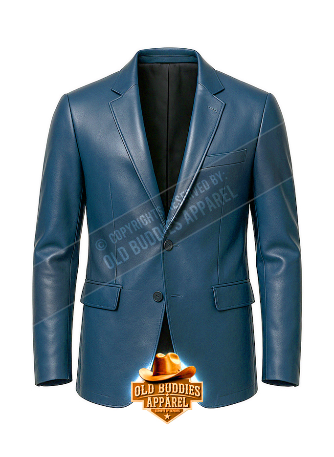 Navy Blue Single-Breasted Leather Blazer for Men – Front View