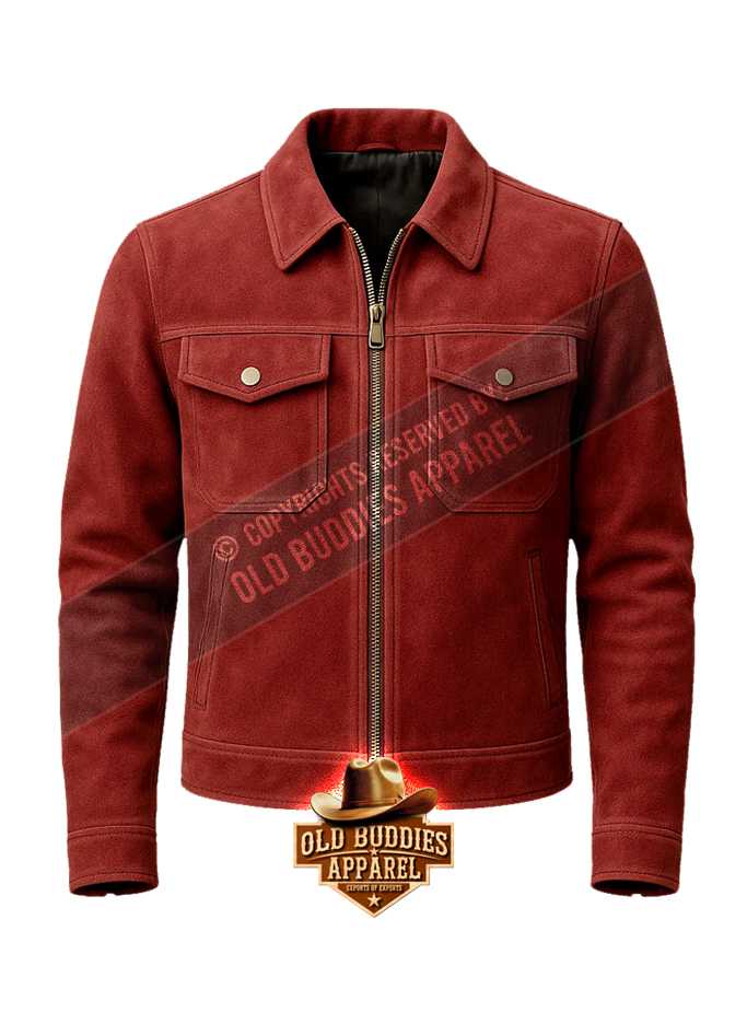 Burgundy Suede Leather Jacket for Men – Front View