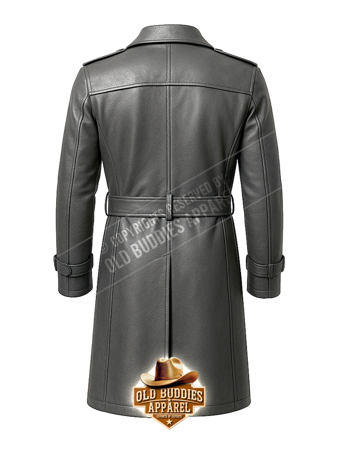Charcoal Grey Trench Leather Coat for Men – Back View