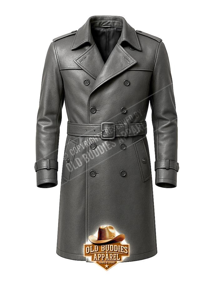 Charcoal Grey Trench Leather Coat for Men – Front View